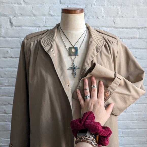 Vintage Neutral Trench Coat Longline Minimalist Wool Coat Duster Jacket Large - Picture 3 of 9